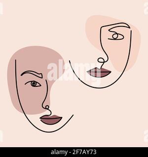 Two women faces in line art style with organic shapes. Creative minimal trendy style. Design templates for covers, t-Shirt print, postcard, banner, fl Stock Vector