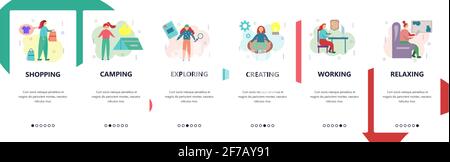 Web site onboarding screens. People activity. Shopping, camping, reading, wotking. Menu vector banner template for website and mobile app development Stock Vector
