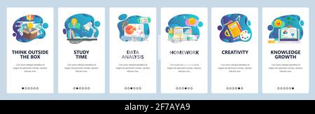 Web site onboarding screens. Education, knowledge, studying and creativity. Menu vector banner template for website and mobile app development. Modern Stock Vector