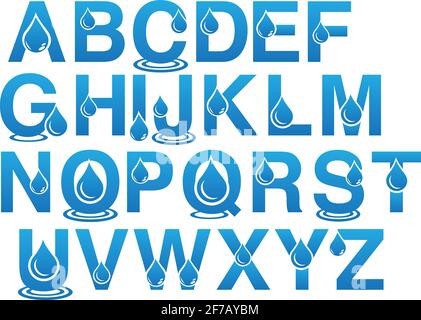 Complete set of English alphabets in uppercase with water droplet design. Vector illustration isolated on white background. Stock Vector