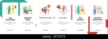 Web site onboarding screens. Home office, files downloading and editing, programming. Menu vector banner template for website and mobile app Stock Vector