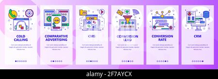 Web site onboarding screens. Call center, CMS, CRM systems, conversion rate. Menu vector banner template for website and mobile app development Stock Vector