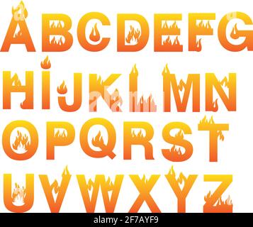 Fire inspired design vector fonts. Complete set of alphabets in uppercase isolated on white background. Stock Vector