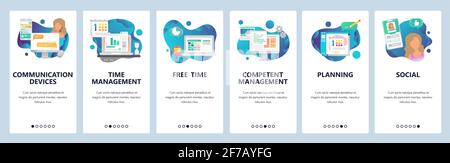 Web site onboarding screens. Online chat, dating, social media and time management. Menu vector banner template for website and mobile app development Stock Vector