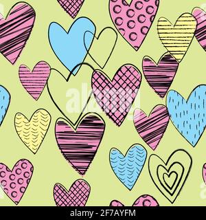 Seamless background with doodle colored hearts Stock Vector