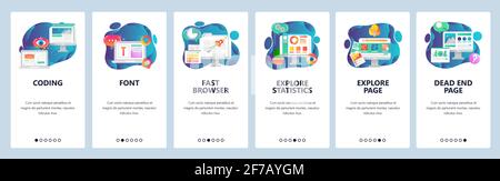Web site onboarding screens. Website development, coding, font, 404 error page. Menu vector banner template for website and mobile app development Stock Vector