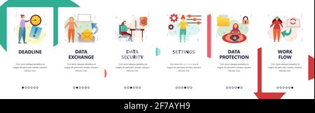 Web site onboarding screens. Data exchange, cyber security, data protection. Menu vector banner template for website and mobile app development Stock Vector