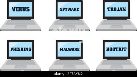 Computer laptop icons with computer security and IT risk related text on blue screen. Set of six vector illustrations isolated on white background. Stock Vector
