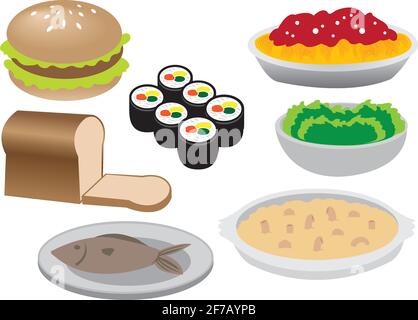 Vector illustration of different kinds of common food: burger, bread, fish, sushi, spaghetti, green salad, baked cheese and macaroni Stock Vector