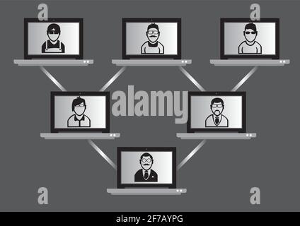 Wireless laptop computers with people on monitor screen linked in a hierarchical tree network. Conceptual vector illustration for high tech virtual me Stock Vector