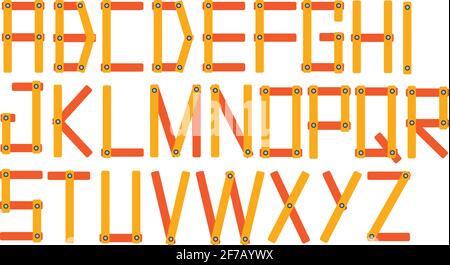 Complete set of vector font design with angular alphabets formed by sticks joined by screws isolated on white background. Stock Vector