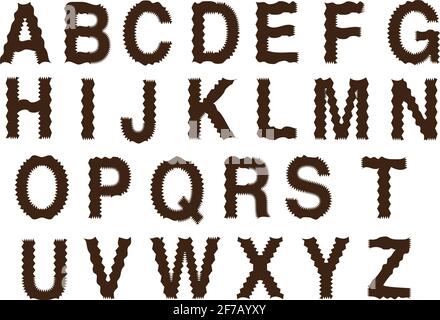 Complete set of alphabets in wobbly and spiky strokes. Vector font design in capital block letters isolated on white background. Stock Vector
