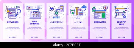 Web site onboarding screens. SEO, digital marketing and website advertisement. Menu vector banner template for website and mobile app development Stock Vector
