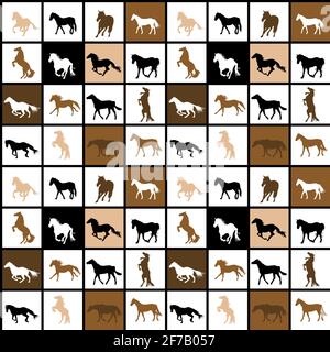 Geometrical seamless pattern with horses silhouettes and squares Stock Vector