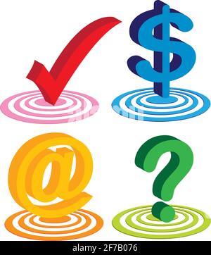 Vector illustration of four different useful icons for technology business. Bold Red tick for yes, blue dollar sign for money, yellow "at" symbol for Stock Vector