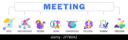 Meeting banner with color icons. Teamwork, working, meeting and management. Stock Vector