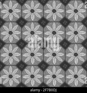 Seamless daisy ceramic mosaic in black and white Stock Vector