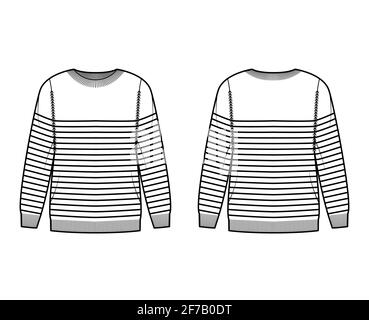 Sailor Sweater Striped Pullover technical fashion illustration with rib crew neck, long sleeves, oversized, hip length, knit cuff. Flat apparel front, back, white color. Women, men unisex CAD mockup Stock Vector