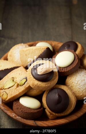 Cookies in a wood plate. Stock Photo