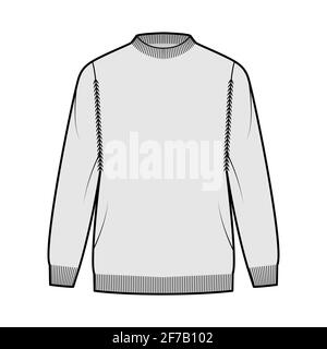 Fisherman Sweater technical fashion illustration with rib crewneck, long sleeves, oversized, hip length, knit trim. Flat jumper apparel front, grey color style. Women, men unisex CAD mockup Stock Vector