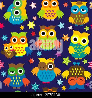Cartoon owls in the nighttime colorful seamless pattern Stock Vector