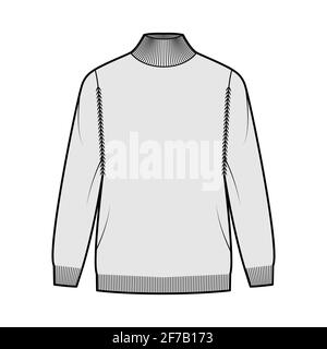 Turtleneck Sweater technical fashion illustration with long sleeves, oversized, fingertip length, knit rib trim. Flat jumper apparel front, grey color style. Women, men unisex CAD mockup Stock Vector