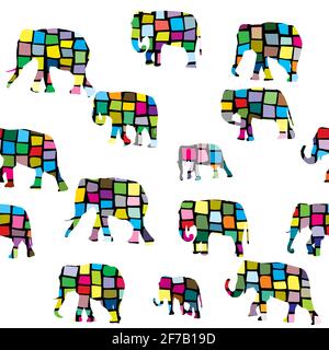 Elephants seamless in colorful geometrical pattern Stock Vector