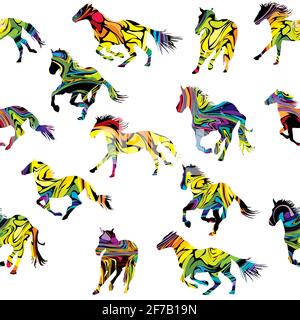 Colorful silhouettes of horses seamless background Stock Vector