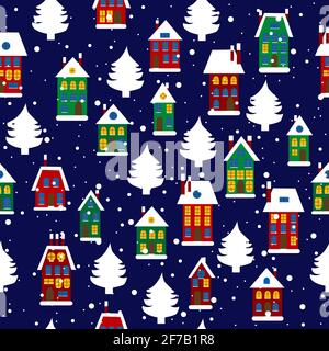 Winter Rural seamless pattern with houses and Christmas trees Stock Vector