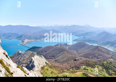Spring Riaño Horizontal view. Aerial view of the Riaño reservoir, the village and ...