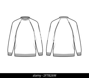 Fisherman Sweater technical fashion illustration with rib crewneck, long raglan sleeves, oversized, hip length, knit trim. Flat jumper apparel front, back, white color style. Women, unisex CAD mockup Stock Vector