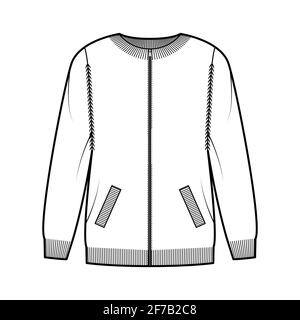 Zip-up cardigan Sweater technical fashion illustration with rib crew neck, long sleeves, oversized, knit trim, pockets. Flat jumper apparel front, white color style. Women, men unisex CAD mockup Stock Vector