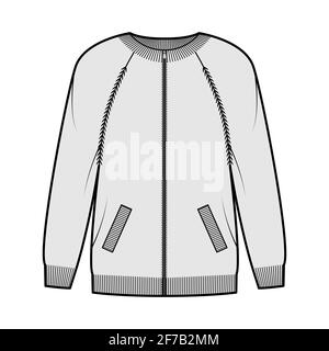 Zip-up cardigan Sweater technical fashion illustration with rib crew neck, long raglan sleeves, oversized, knit trim, pockets. Flat apparel front, grey color style. Women, men unisex CAD mockup Stock Vector