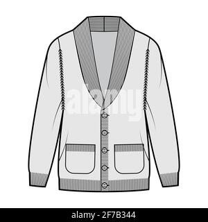 Cardigan Shawl collar Sweater technical fashion illustration with long sleeves, oversized, hip length, knit rib trim, button closure. Flat apparel front, grey color style. Women, men unisex CAD mockup Stock Vector