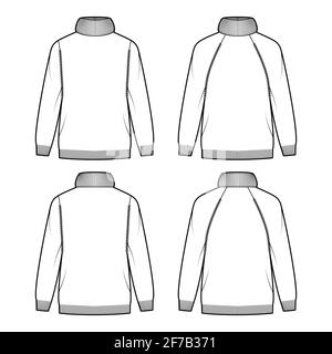 Set of Sweater Exaggerated Turtleneck technical fashion illustration with long raglan sleeves, oversized, hip length, knit rib trim. Flat apparel front, back, white color. Women, men unisex CAD mockup Stock Vector