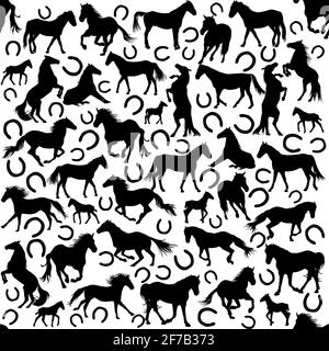 Seamless pattern with silhouettes of horses and horseshoes Stock Vector