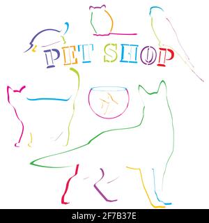 Pet shop design with colored hand drawn pets Stock Vector