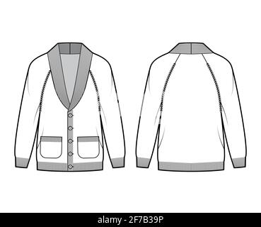 Cardigan Shawl collar Sweater technical fashion illustration with long raglan sleeves, oversized, knit rib trim, button closure. Flat apparel front, back, white color. Women, men unisex CAD mockup Stock Vector