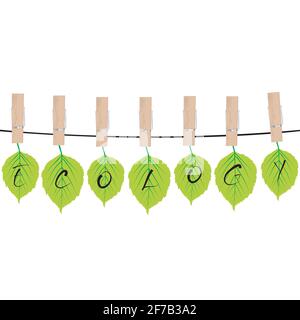 Ecology concept with green leaves hanging on rope  in cloth pegs Stock Vector