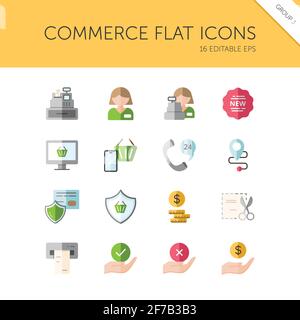 Commerce. People, cashier machine, phone, security, ticket, money and hands group. Isolated color icon set. Flat vector illustration Stock Vector