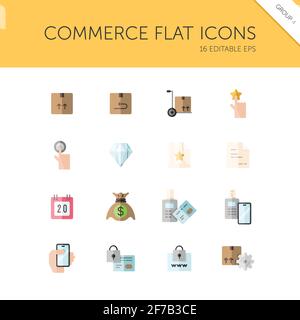 Commerce. Box, diamond, hand, swiping machine, security, money and calendar group. Isolated color icon set. Flat vector illustration Stock Vector
