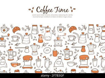 Hand drawn of website banner template with assorted coffee makers and desserts on white background. Doodle sketch style. Vector illustration for coffee shop, cafe, restaurant banner, background, frame Stock Vector