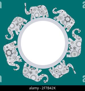 Round frame with ornamental patterned elephants Stock Vector