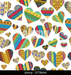 Patterned hearts with ethnic motifs seamless background Stock Vector
