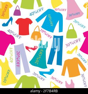 Shopping sale seamless background with woman  clothes, , bags, shoes and discounts Stock Vector