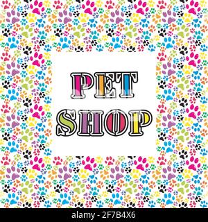 Pet shop background with colored paws Stock Vector