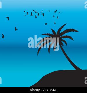 Palm silhouette and birds flying on the shore Stock Vector