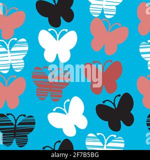 Stylized butterflies on blue background, seamless pattern Stock Vector