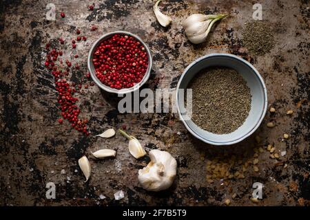 Spices on grey background Stock Photo