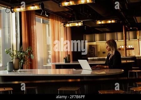 Woman using laptop in cafe Stock Photo